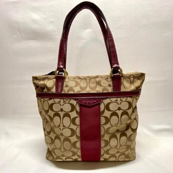 Coach Signature Stripe Shoulder Bag F28504 Patent Leather Trim Tan Raspberry GUC - Picture 3 of 16